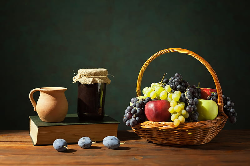 Still Life, grapes, apples, wicker, basket, jug, plums, HD wallpaper