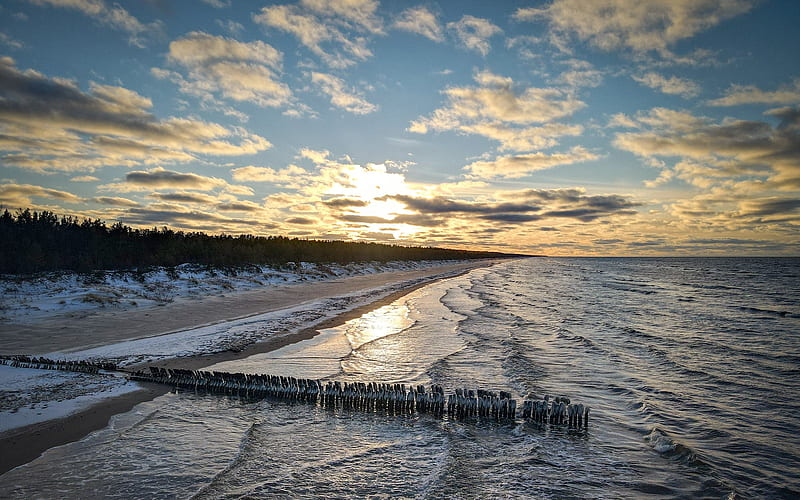 Coast of Latvia, sea, coast, beach, Latvia, sunset, clouds, HD wallpaper