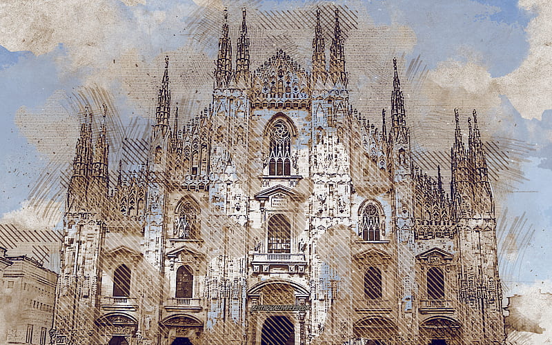 Milan Cathedral, Duomo di Milano, Milan, Lombardy, Italy, Duomo, grunge art, creative art, painted Duomo, drawing, Duomo abstraction, digital art, HD wallpaper