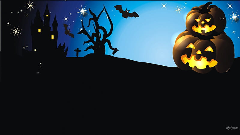 Creepy Jacks, stars, bats, jack o lanterns, gravestone, haunted house, tree, Halloween, cross, night, HD wallpaper