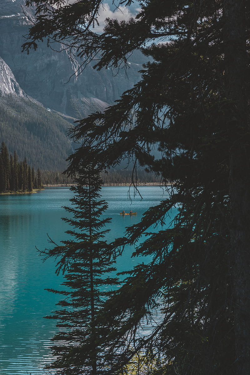 lake, trees, mountains, boat, nature, HD phone wallpaper