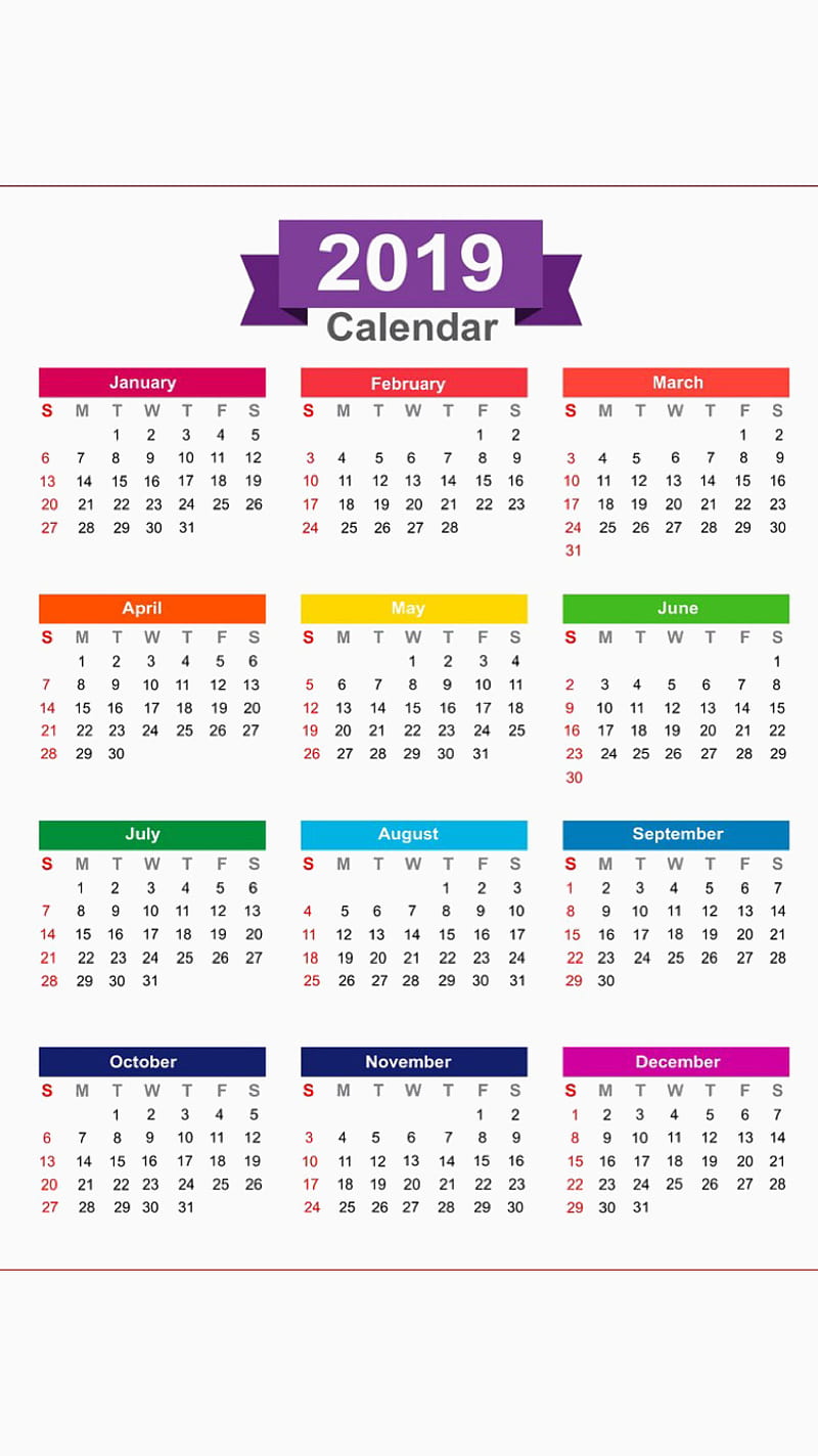 2019 Calendar, 19, newyear19, calendars, holiday, month, week, day