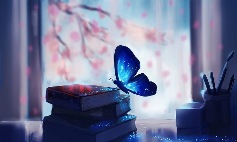 Blue Butterfly, pencils, stars, table, colorful, window, books, glitter, flower tree, butterfly, bright, paint brush, HD wallpaper