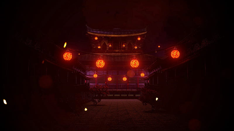 pagoda, lanterns, glow, dark, night, HD wallpaper