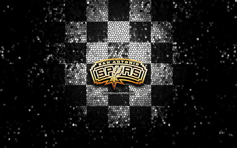 San Antonio Spurs, glitter logo, NBA, black white checkered background, USA, american basketball team, San Antonio Spurs logo, mosaic art, basketball, America, HD wallpaper