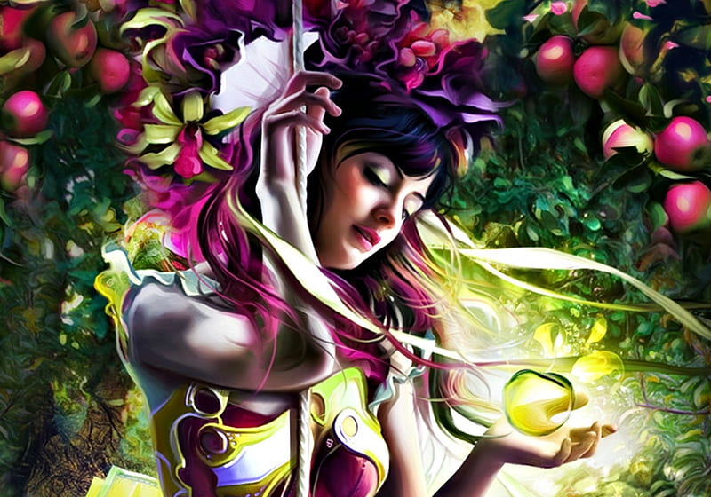 Neymio, apple, art, yayashin, luminos, legend of the cryptids, game, woman, fruit, fantasy, girl, green, magical, pink, bruno wagner, HD wallpaper