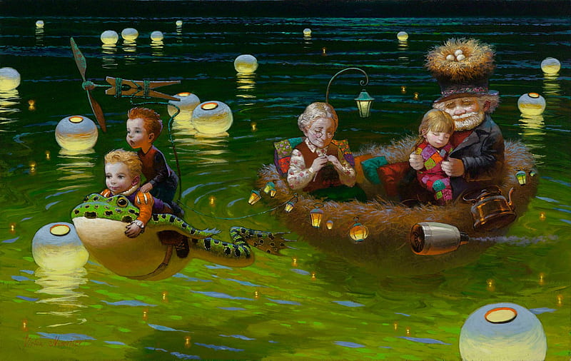Summer dream, lantern, luminos, children, lake, lights, grandmother, frog, boat, water, green, painting, summer, pictura, dream, victor nizovtsev, grandfather, HD wallpaper