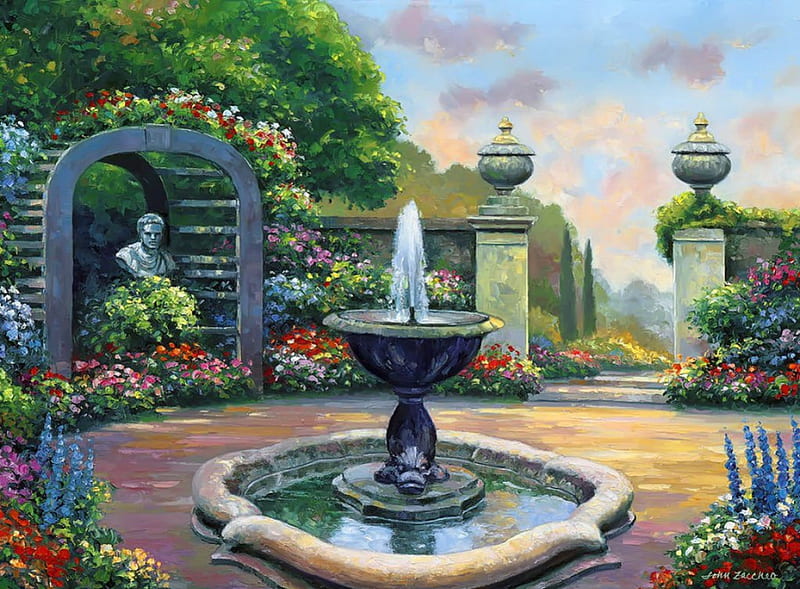 Renaissance garden, art, fountain, lovely, bonito, park, trees, statue, renaissance, painting, flowers, garden, HD wallpaper