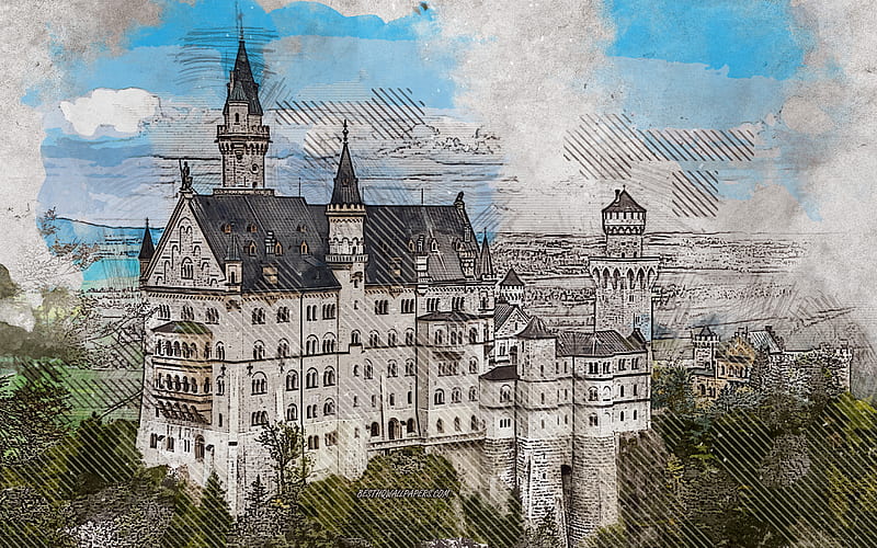 Neuschwanstein, Schwangau, Bavaria, Germany, grunge art, beautiful castle, creative art, painted Neuschwanstein, drawing, Neuschwanstein grunge, digital art, HD wallpaper