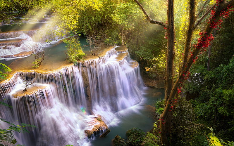 Huai Mae Khamin, waterfall, rainforest, evening, sunrays, Kanchannaburi, Thailand, HD wallpaper