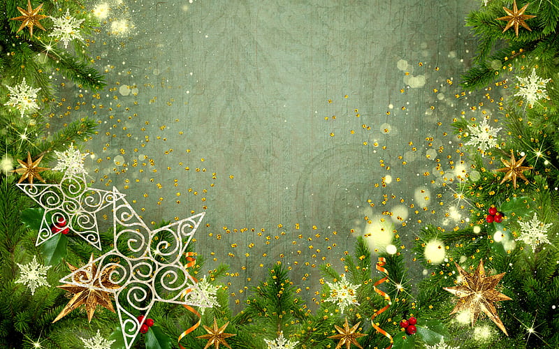 Green Christmas background, frame, tree, stars, New Year, Christmas, HD wallpaper