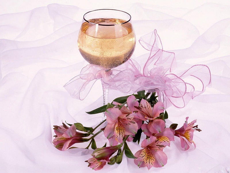 INCA WINE, inca lily, wine, glasses, sias, dainty, ribbons, bows, delicate, refreshment, still life, flowers, pink, HD wallpaper