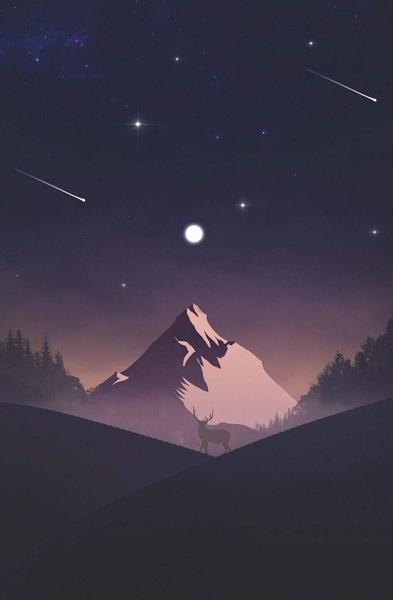 mountain, deer, night, dark, art, HD phone wallpaper