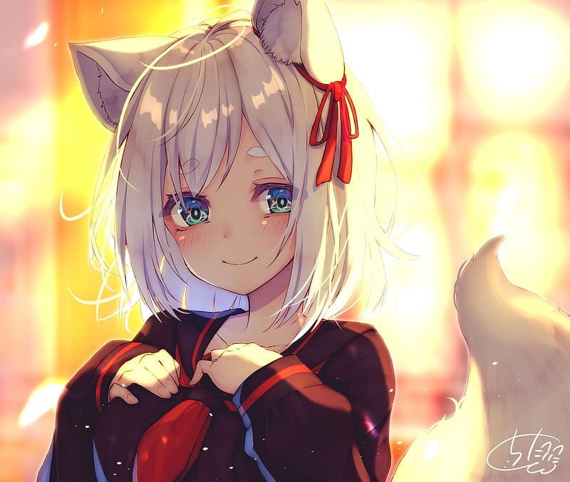 anime girl, white hair, seifuku, animal ears, smiling, cute, school uniform, Anime, HD wallpaper