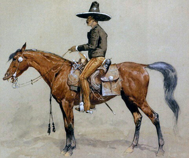 Mexican Haciendero 1, art, cabellero, frederic remington, horse, remington, rider, painting, haciendero, portrait, cowboy, HD wallpaper