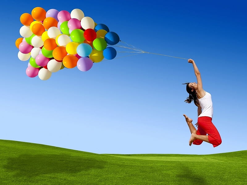 Girl with balloons, fly, balloon, girl, grass, people, woman, HD wallpaper