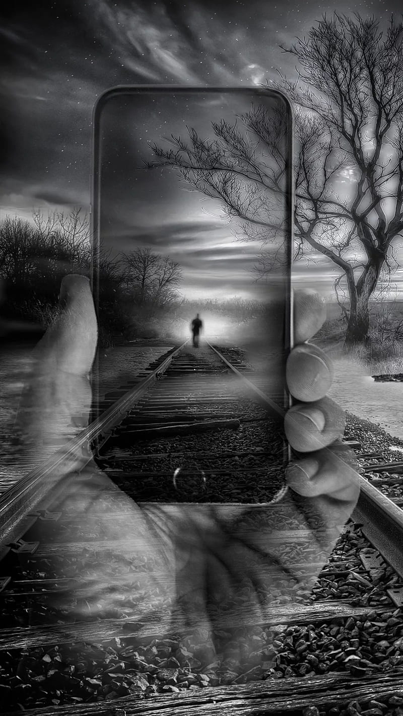 Fantasy, black and white, hand, man, phone, railway, walking, HD phone wallpaper