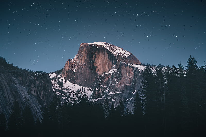 stars, mountain, scenic, snow, night, trees, Landscape, HD wallpaper