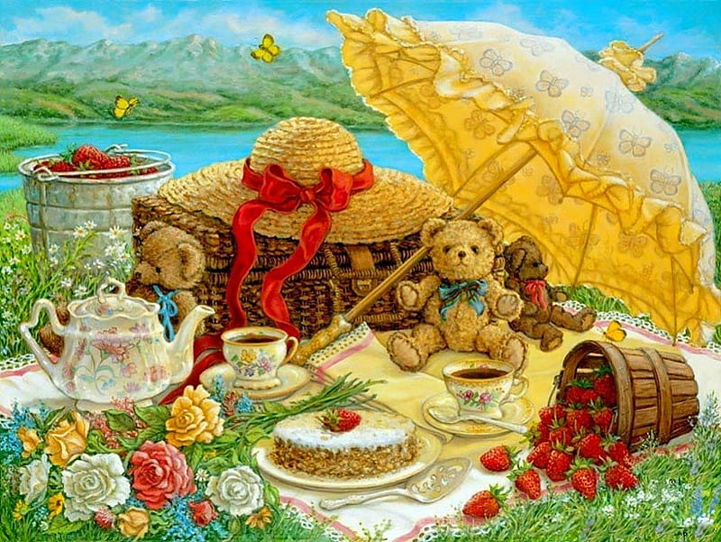 Harvest,cookies and more, teddy bears, beach, harvest, coffee, summer, picnic, lake, HD wallpaper