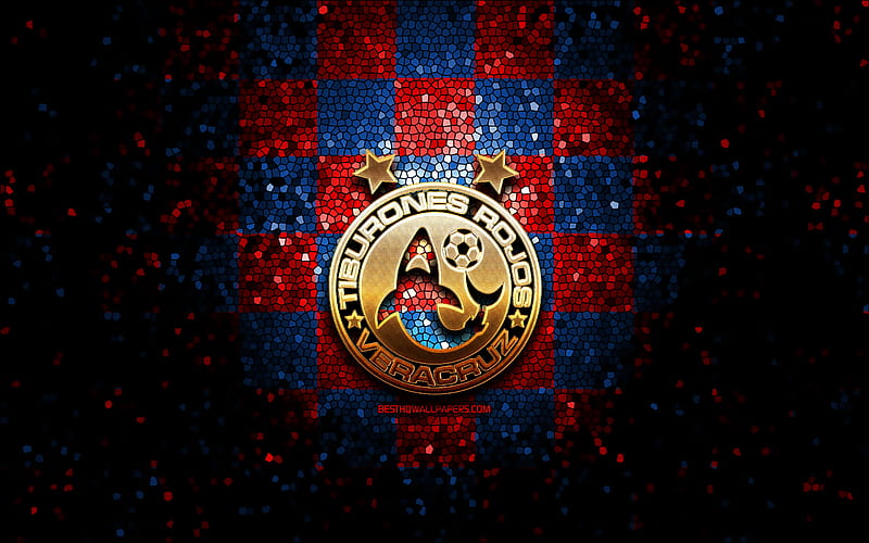 Veracruz FC, glitter logo, Liga MX, red blue checkered background, soccer, mexican football club, Veracruz logo, mosaic art, football, Club Deportivo Veracruz, HD wallpaper