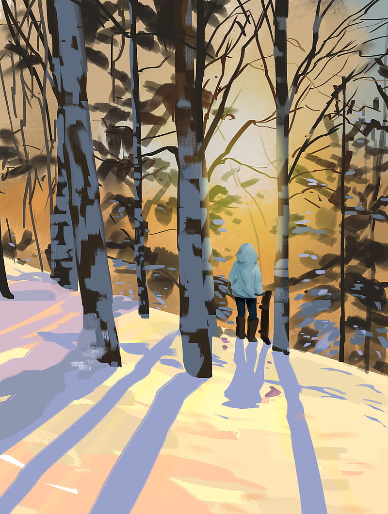 man, alone, birches, trees, snow, winter, art, HD phone wallpaper