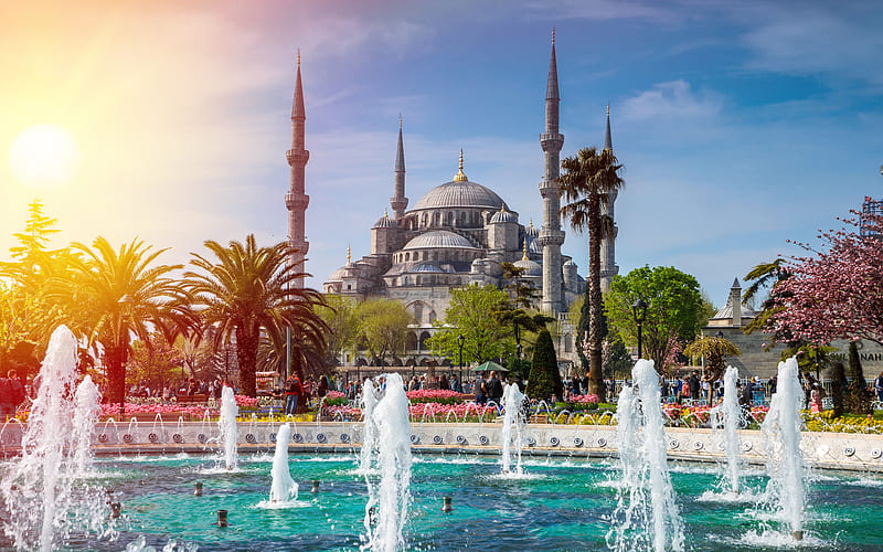 Sultan Ahmet Mosque turkish landmarks, fountains, Blue Mosque, Istanbul, Turkey, HD wallpaper