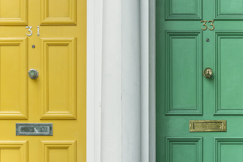 green door beside yellow door, HD wallpaper