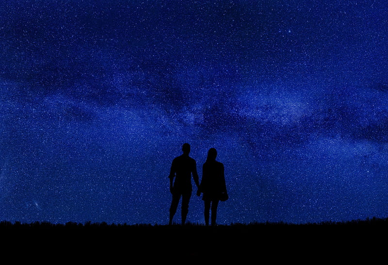 couple, silhouettes, starry sky, romance, night, HD wallpaper