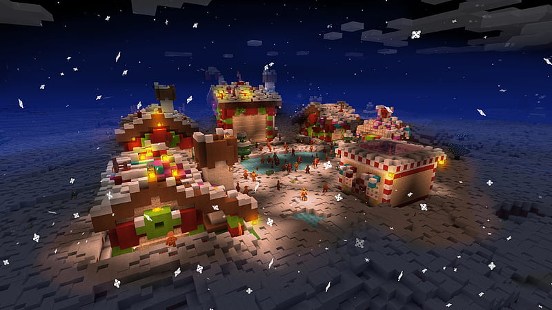 Holiday Winter Night in Little Village - RealmCraft Minecraft Clone, open world game, gaming, playgames, pixel games, mobile games, realmcraft, sandbox, minecraft, games action, game, minecrafters, pixel art, art, 3d building games, pixel, fun, adventure, building, 3d, minecraft, HD wallpaper