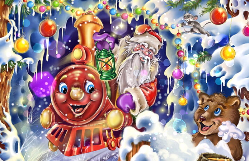 Santa Claus arrives, colorful, Bear, Cristmas, Joy, smiles, Santa, train, bunny, gifts, HD wallpaper