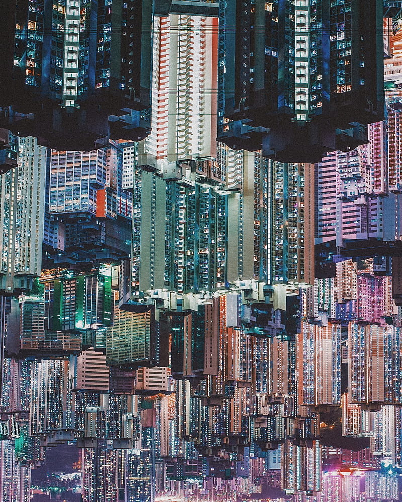 cyberpunk, Hong Kong, city, cityscape, building, night, graphic design, futuristic, futuristic city, graphy, urban, landscape, surreal, HD phone wallpaper