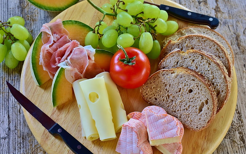 Breakfast, grapes, food, cheese, bread, HD wallpaper