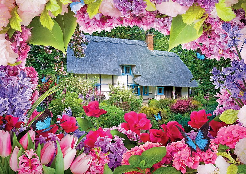 Spring Cottage, hyacinth, house, colors, artwork, butterfly, painting, flowers, blossoms, tulips, HD wallpaper