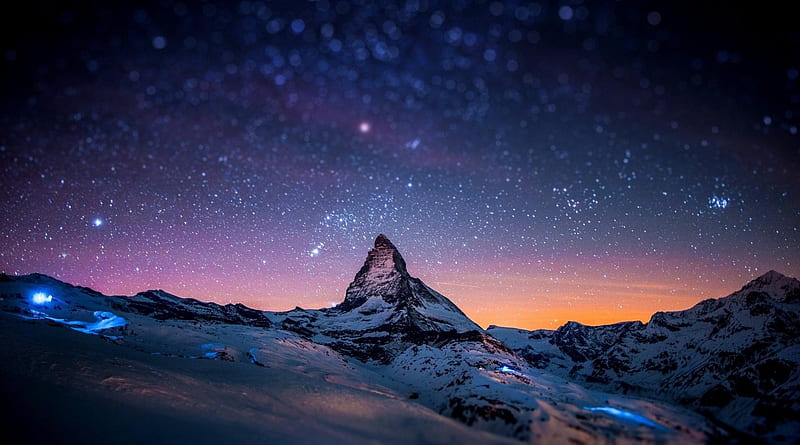 milky way sky over matterhorn, mountain, stars, sky, winter, HD wallpaper