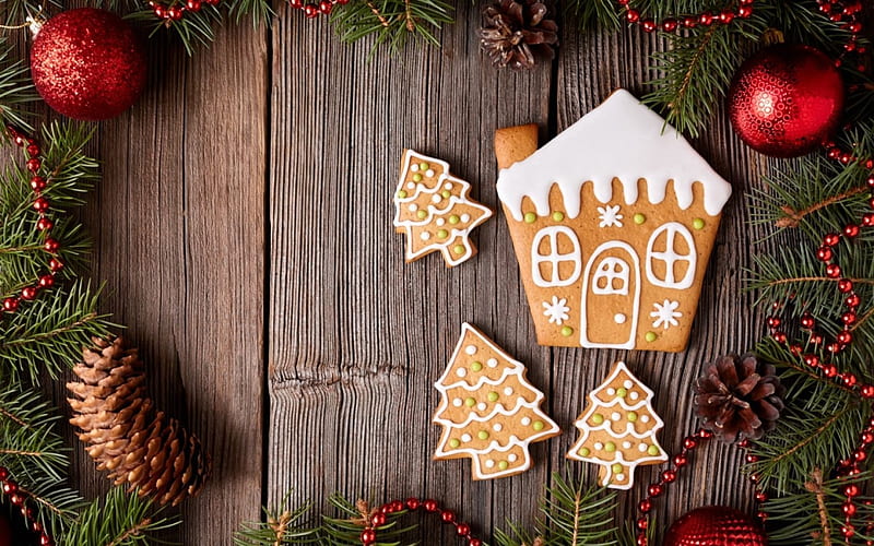 Merry Christmas!, deco, house, craciun, christmas, card, cookies, tree, green, gingerbrad, wood, HD wallpaper