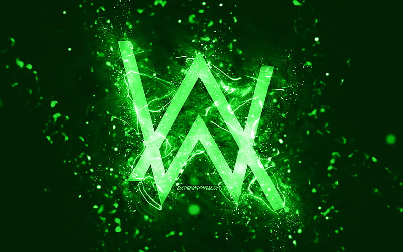 Alan Walker green logo, , Norwegian DJs, green neon lights, creative, green abstract background, Alan Olav Walker, Alan Walker logo, music stars, Alan Walker, HD wallpaper