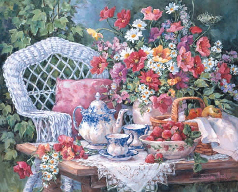 time for tea, table, painting, tea time, garden, chair, HD wallpaper