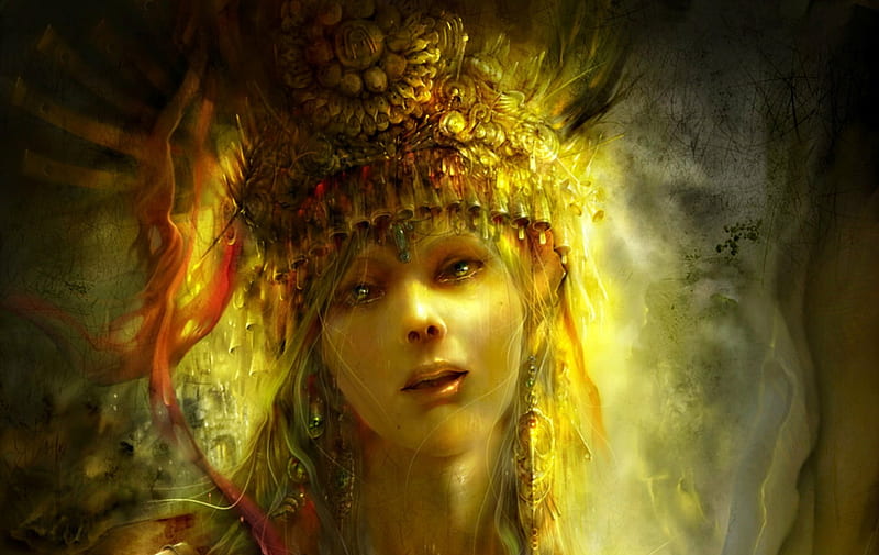 Aphrodite, red, art, yellow, woman, fire, fantasy, girl, tiecheng liu, HD wallpaper