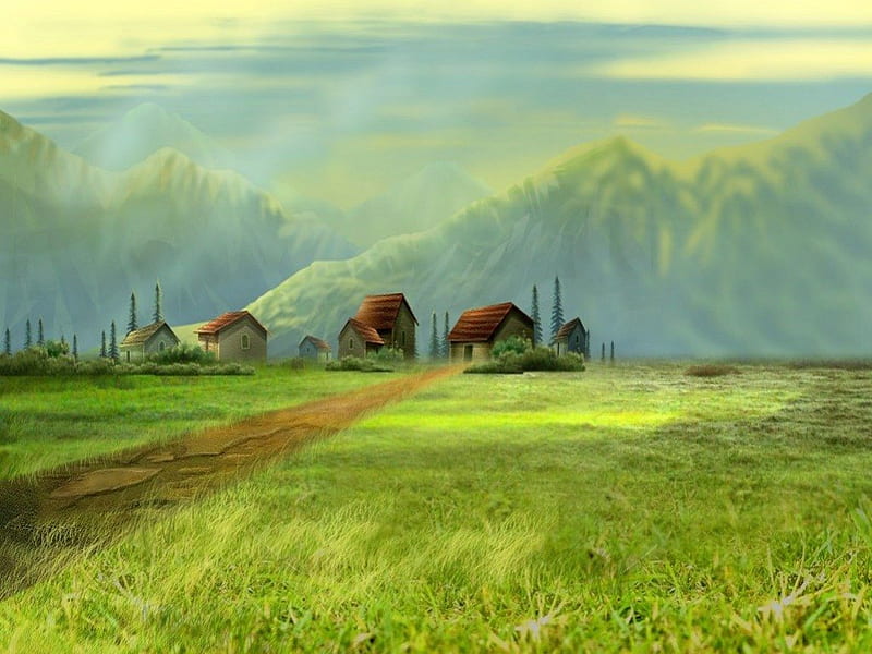 Little Village, architecture, grass, houses, sky, green, mountains, path, village, nature, field, HD wallpaper