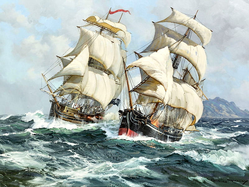 Pirate Attack on a Dutch Ship C, art, Dutch, ocean, bonito, waves, artwork, sailing ship, sea, Pirate, high seascape, painting, wide screen, scenery, attack, HD wallpaper
