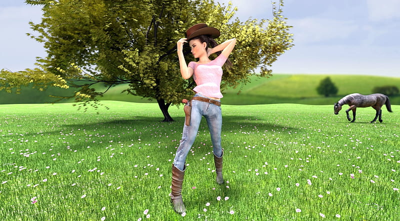 ~Cowgirl~, hills, handgun, cowgirl, grass, boots, trees, horse, hat, brunette, gun, holster, flowers, field, HD wallpaper