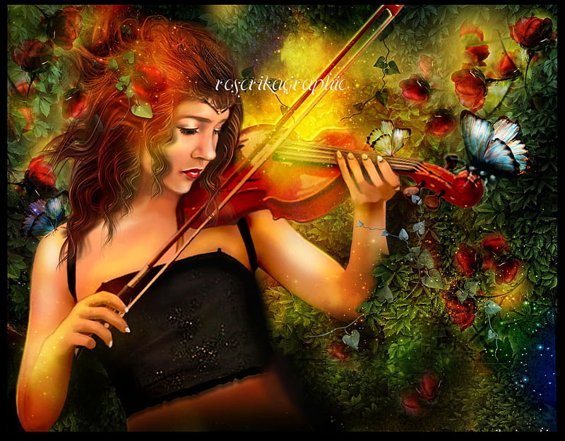 ★Violinist of Music★, pretty, wonderful, women, sweet, fantasy, manipulation, love, emotional, face, lovely, models, abstract, lips, trees, cool, hop, eyes, Violin, Violinist, red, colorful, dress, bonito, digital art, hair, emo, leaves, people, girls, animals, amazing, female, music, colors, butterflies, magical, HD wallpaper