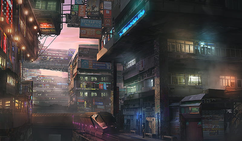 futuristic city, cyberpunk, train, buildings, artwork, Fantasy, HD wallpaper
