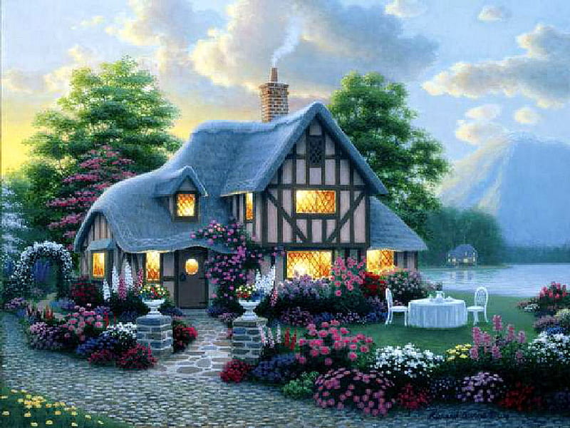 SPRING COTTAGE, table, cottage, lake, lights, cute, mountain, arch, serene, painting, flowers, garden, HD wallpaper