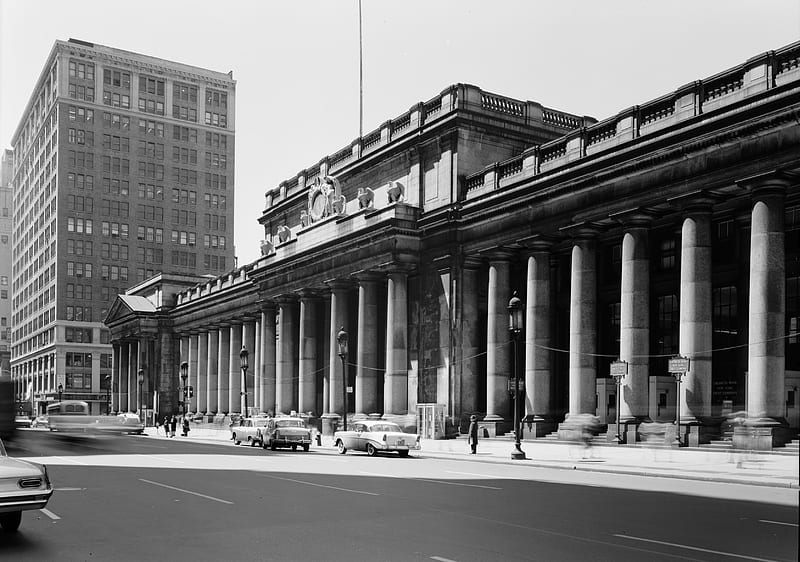 Old Penn Station, columns, trains, pennsylvania, penn, black, demolished, york, station, new, white, HD wallpaper