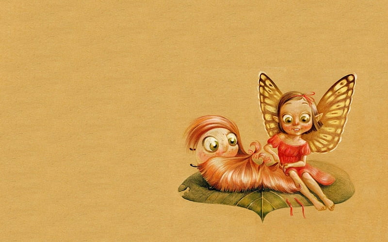 Fairy birth, wings, worm, orange, card, cute, butterfly, girl, child, fairy, HD wallpaper
