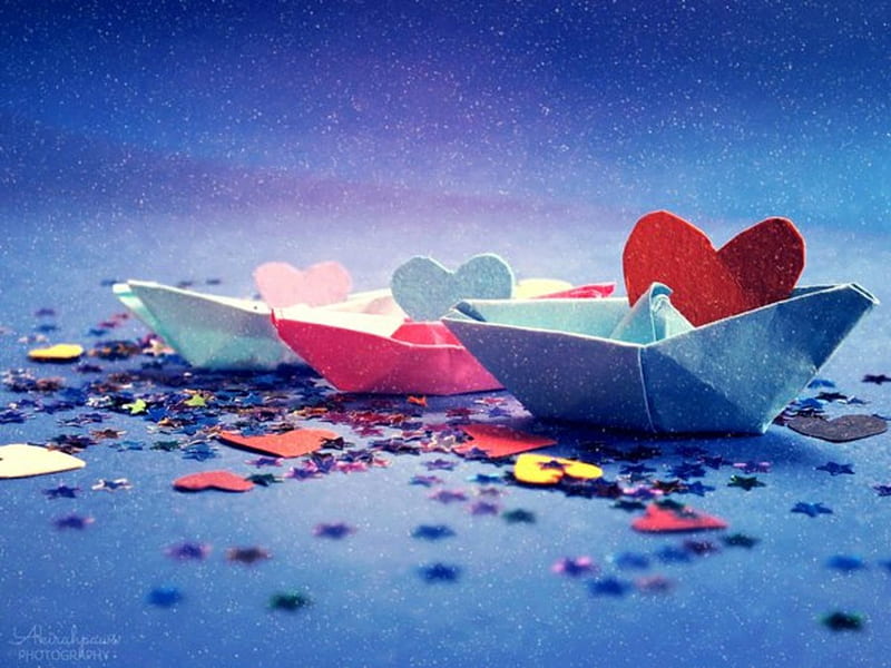 Sailing Love, stars, rinbow, colors, sailing, boats, tenderness, love, heart, beauty, HD wallpaper