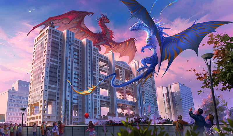 Blue Vs Red Dragon , dragon, artist, artwork, digital-art, HD wallpaper