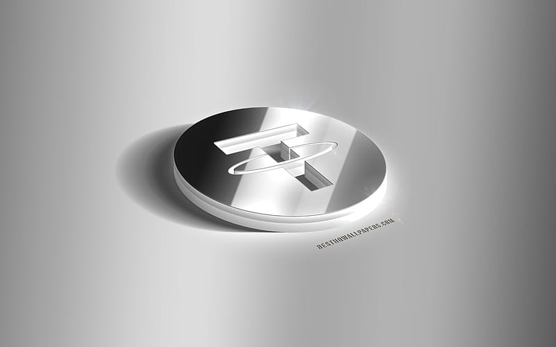 Tether 3D silver logo, Tether, cryptocurrency, gray background, Tether logo, Tether 3D emblem, metal Tether 3D logo, HD wallpaper