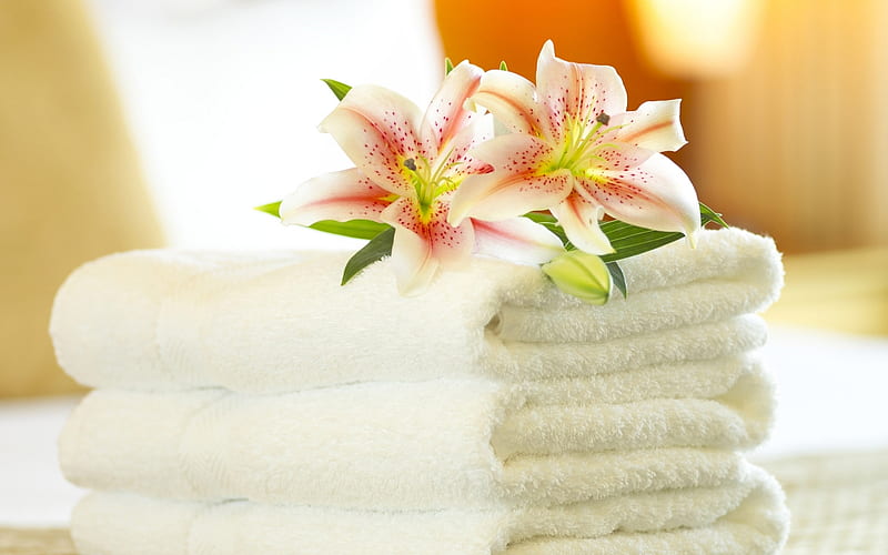spa, relax, bonito, towel, feng shui, flower, lily, relaxation, white, massage, HD wallpaper